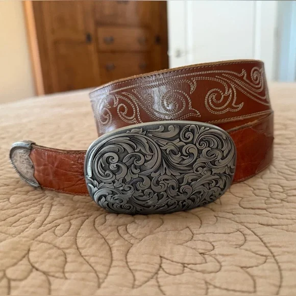 VTG Tony Lama Brown Leather & Lizard Western Belt with Silver Tip, Size 36 - Picture 1 of 13
